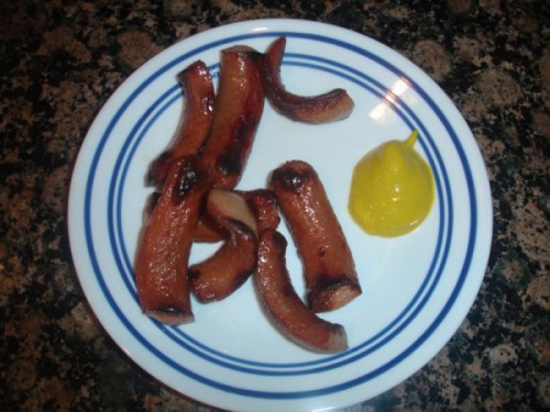 Fried Turkey Dogs with Mustard
